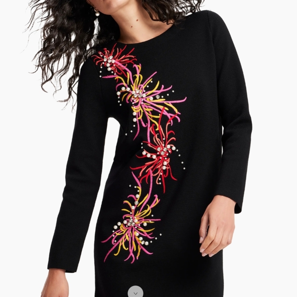 Black Embellished Crewneck Shift Dress with Pink & Yellow Floral Accents - Picture 2 of 5